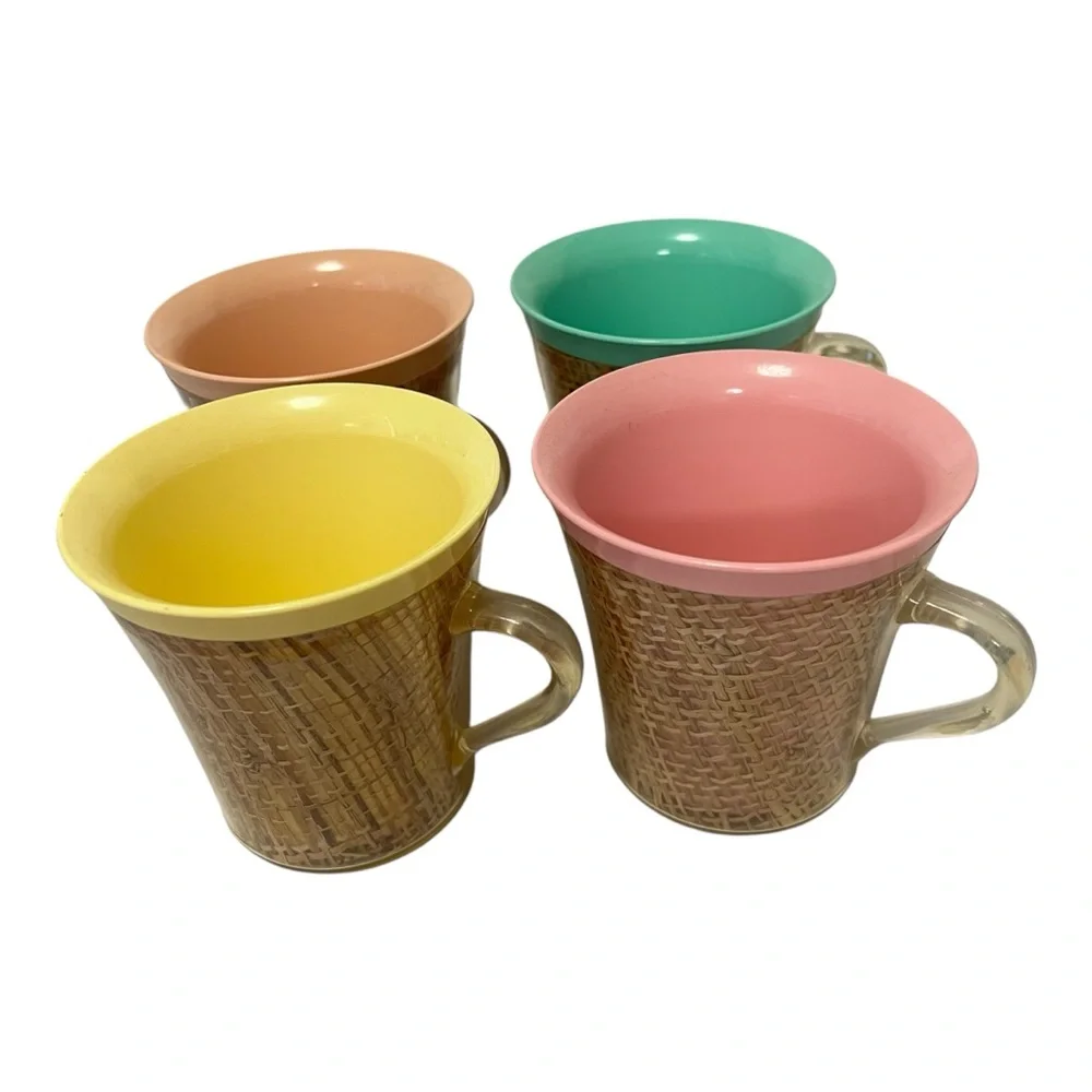 Vintage Melmac Burlap Insulated Mugs Raffia Ware Lightweight Coffee Mugs
